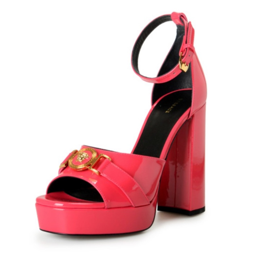 Versace 37.5 pink patent sandal heel gold hardware